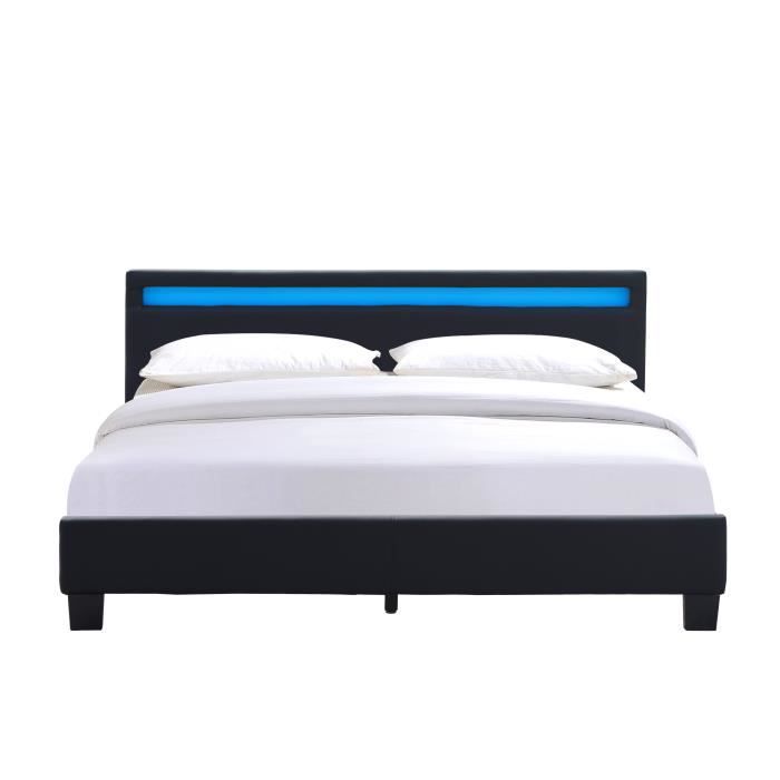 Lit 160x200 Noir - - Angel - Sommier Lattes - Tte de Lit avec LED