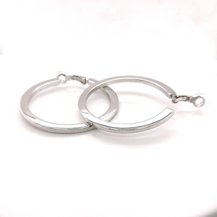 Boucles d'Oreilles femme - BRILLAXIS - Boucles d'oreilles clip créoles fil carré 47 mm - Couleur de la matière:Blanc
