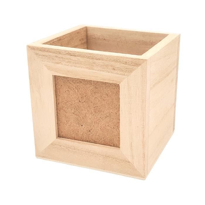Pot crayons en bois avec cadre photo 9 x 9 x 9 cm - MegaCrea DIY - 67523 - Blanc