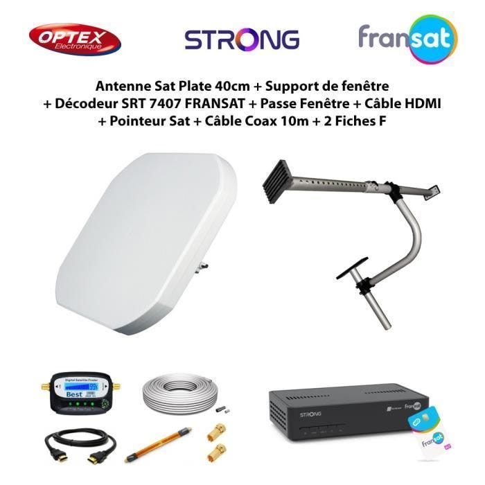 Antenne Sat Plate 40cm + Support de fenêtre + Décodeur SRT 7407 FRANSAT + Passe Fenêtre + Câble HDMI + Pointeur Sat + Câble Coax 10