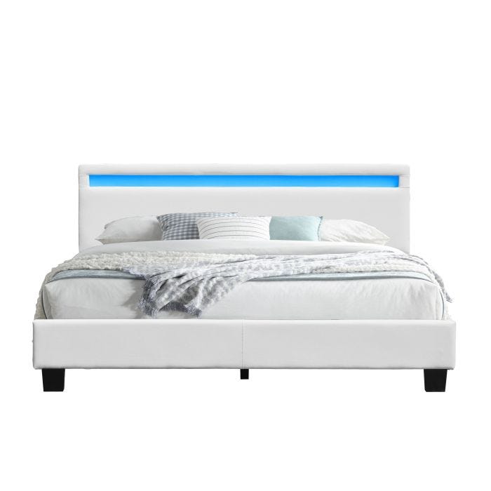 angel - Solide et Confortable Lit 140x200 avec Sommier Tte de Lit avec Eclairage LED Couleur BLANC Pieds en 10 cm