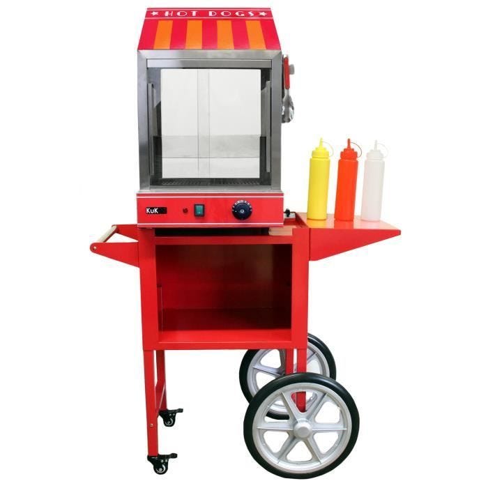 Cuiseur Vapeur pour Hot Dog - KuKoo - Chariot Assorti - 2000W - Acier Inoxydable - Rouge Vif