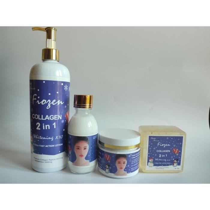 Gamme complète frozen collagen lait 500,ml,, sérum, savon 200g et crème visage très concentré et éclaircissant