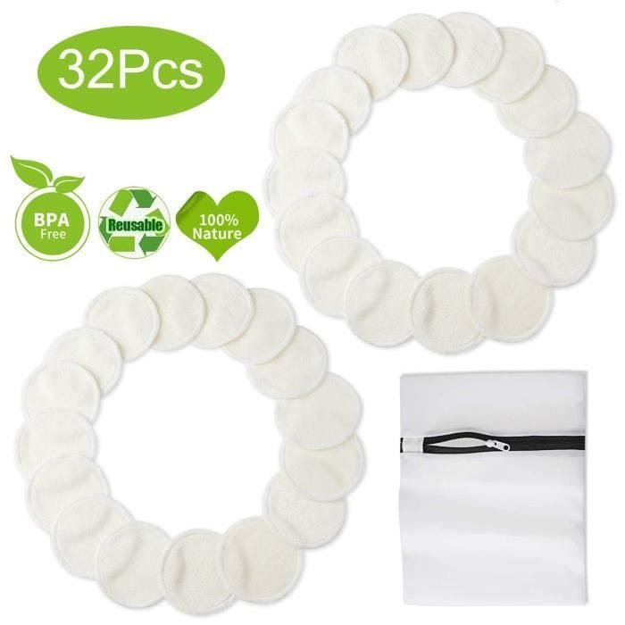 ANDERK 32 Pièces Tampons Démaquillants Lavable Bio en Bambou Réutilisables, Coton Biologique Microfibre Visage Nettoyage Coton De