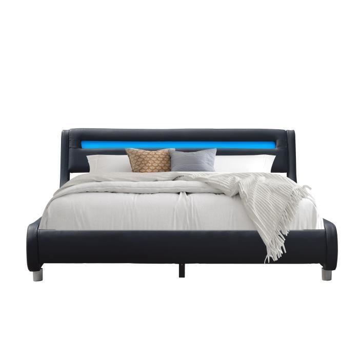 Lit en placage MDF massif 140x200 - - Sommier lattes - Tte de lit incurve NOIR