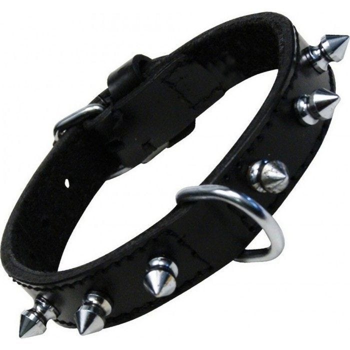 Collier - GLORIA - Peau Rangée de Pointes - Cuir Noir - Boucle Ajustable - Anneau en D
