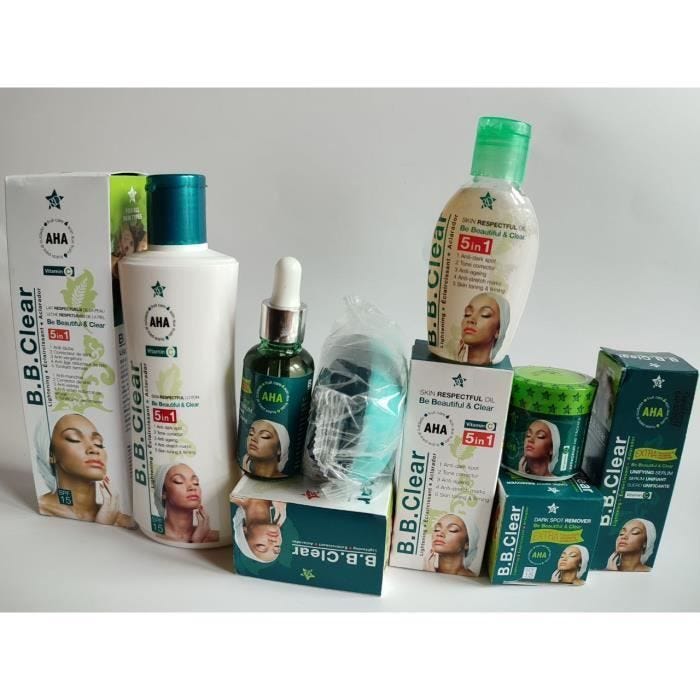 B B clear éclaircissante lait 200ml, serum concentré, savon, l'huile et crème visage anti tâches