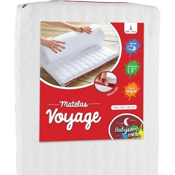 Matelas de Voyage pour Bébé - Babysom - 60x120 cm - Roulé - Épaisseur 5 cm - Déhoussable
