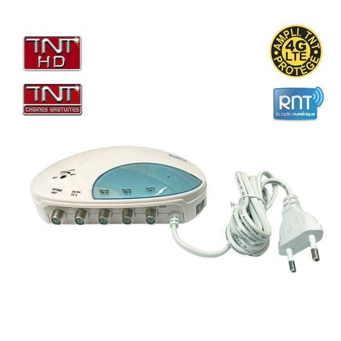 Amplificateur Répartiteur TV FM VHF / UHF TNT HD 1 entrée 4 sorties - Gain réglable 4 x 25 dB, Fixation murale possible, Interrupte