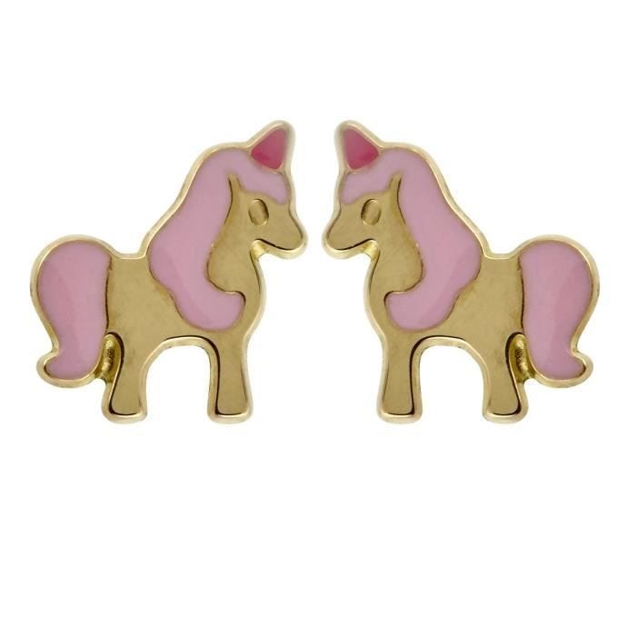 Toutes les boucles d'oreilles enfant - BRILLAXIS - Boucles d'oreilles Licorne laque rose or - Couleur de la matière:Jaune