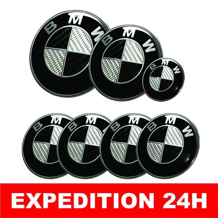 KIT 7 Badge LOGO Embleme BMW Carbone Noir Gris Capot + Coffre 82mm +Volant + 4 centre de roue