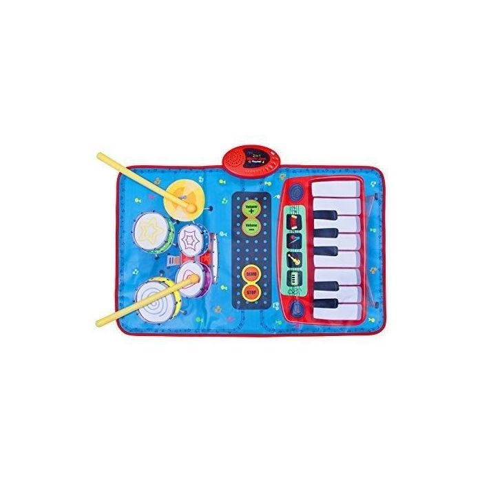 Tapis de Jeu Clavier et kit de Batterie - Global Gizmos - Twin 2 en 1 - Multicolore - Bleu - 2 bâtons de tambour