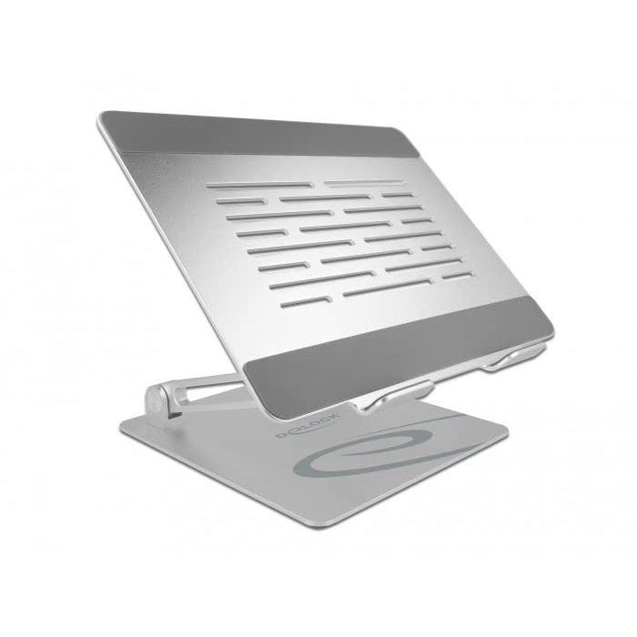 Support réglable en aluminium pour tablettes et laptops, stable et fonctionnel pour une utilisation polyvalente.