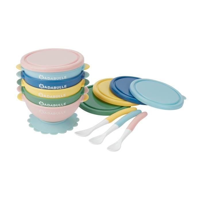 BADABULLE Lot de 5 bols bébé antidérapants 330ml, couvercles hermétiques + 3 cuillères souples 1er âge, compatibles micro-ondes