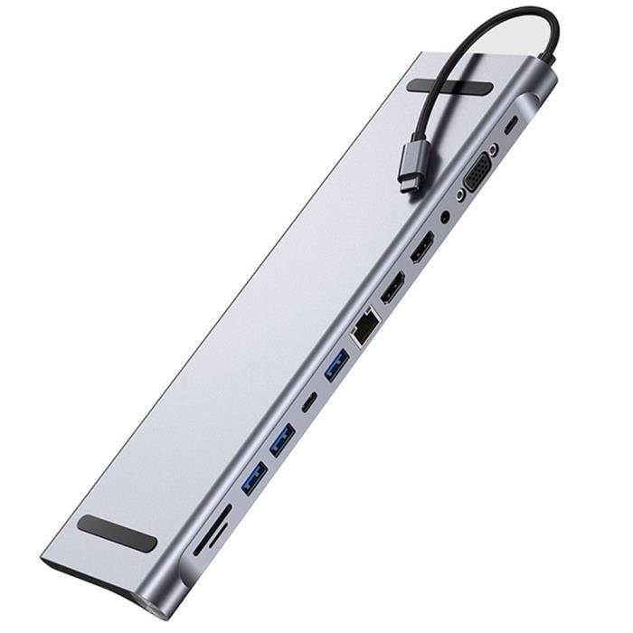 Adaptateur USB-C vers Double HDMI 4K, VGA avec Port USB 3.0, PD 100W, Ethernet, Lecteur de Carte SD-TF, Hub 12 en 1 pour MacBook