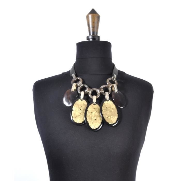 Collier - Fanny Fouks - Noir et Doré - Cuir - Résine - 47cm + 7cm chainette