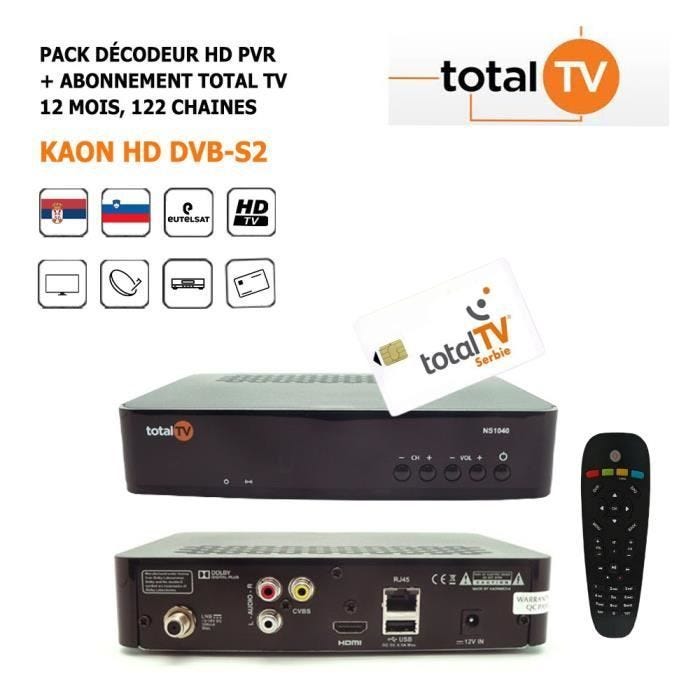 Décodeur Satellite HD PVR - HD4K - Kaon HD DVB-S2 - Abonnement Total TV 12 mois - 122 chaînes HD - Eutelsat W2