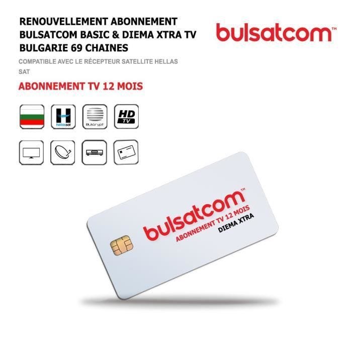 Renouvellement Carte Abonnement Bulsatcom 12 Mois Basic & Diema XTRA TV Bulgarie, 69 Chaines via Satellite Hellas 39°Est