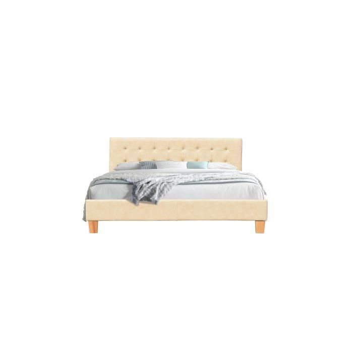 Solide et Confortable Lit avec Sommier Tte de Lit Capitonnee Couleur Beige160x200
