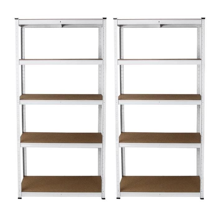 Lot de 2 Etagères E-RAX Blanches 90 x 40 x 180cm en Acier Galvanisé 5 Niveaux Capacité TOTALE de 1000KG - 100 % Sans Boulons