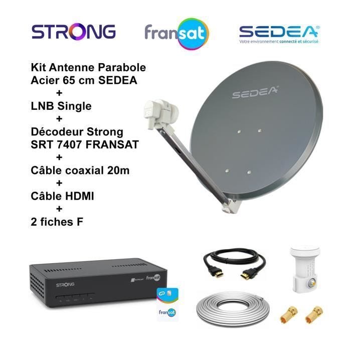 Kit Parabole Acier 65 cm - SEDEA - LNB Single Full HD 4K - Décodeur SRT 7407 - Câble HDMI 20m