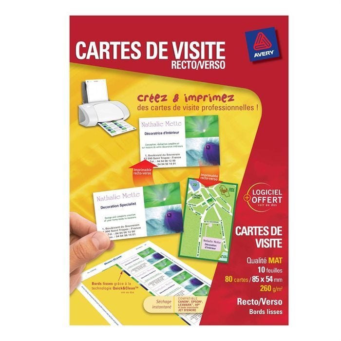 Papier d'impression Avery Dennison Cartes de visite Professionnelles - 40 cartes mates format 8,4 x5,4 cm - 220 g/m²