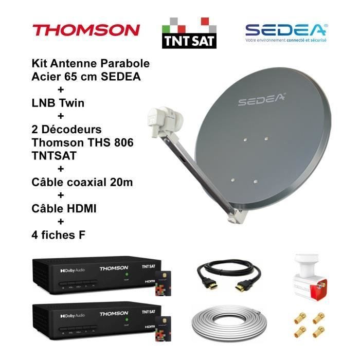 Kit Parabole Acier 65 cm - SEDEA - LNB Twin Full HD 4K - 2 Décodeurs THS 806 - Câble HDMI 20m