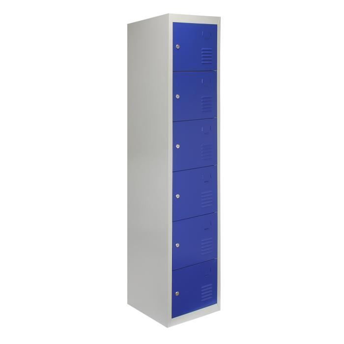 Casier - Métal - 6 Portes - Verrouillable - 45x38x180 cm - Gris/Bleu