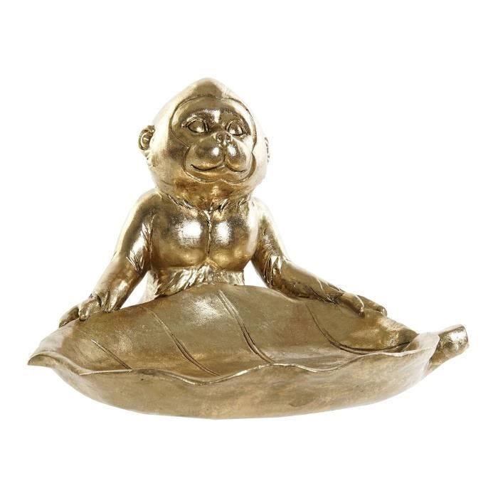 SINGE Statue Vide Poche Feuille de Bananier couleur Dorée Décoration Hall entrée de 23x20cm