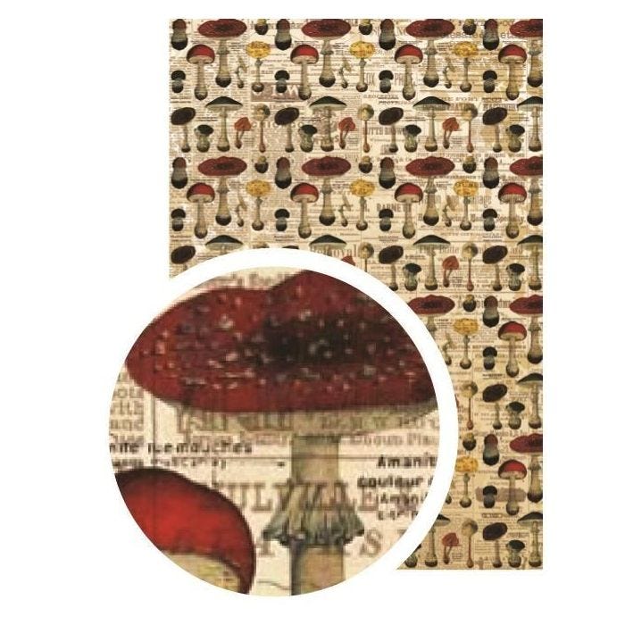 Tissu adhésif A4 Champignons - Tissu Vintage Style - Tissu Autocollant