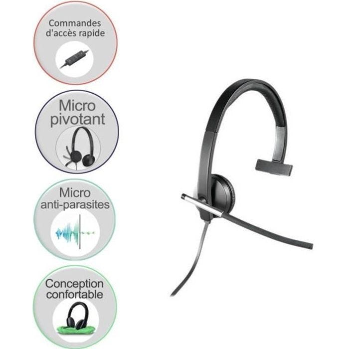 Casque mono Logitech USB H650e - filaire avec commandes d'accès rapide et tige de micro flexible