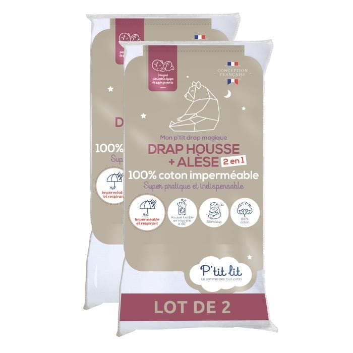 P'tit Lit - Lot de 2 - Protège Matelas Bébé 2 en 1 | Alèse + Drap Housse 70x140 cm | 100% Coton - Imperméable - Oeko Tex® - Blanc