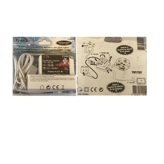 AMPLIFICATEUR INTERIEURE 1TV UHF/VHF/ C+ GAIN 30DB REGLABLE REF372000 ELAP HDME