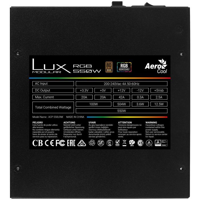 Alimentation PC - AEROCOOL - LUX RGB 550M - Semi-modulaire - 550W - 80PLUS Bronze