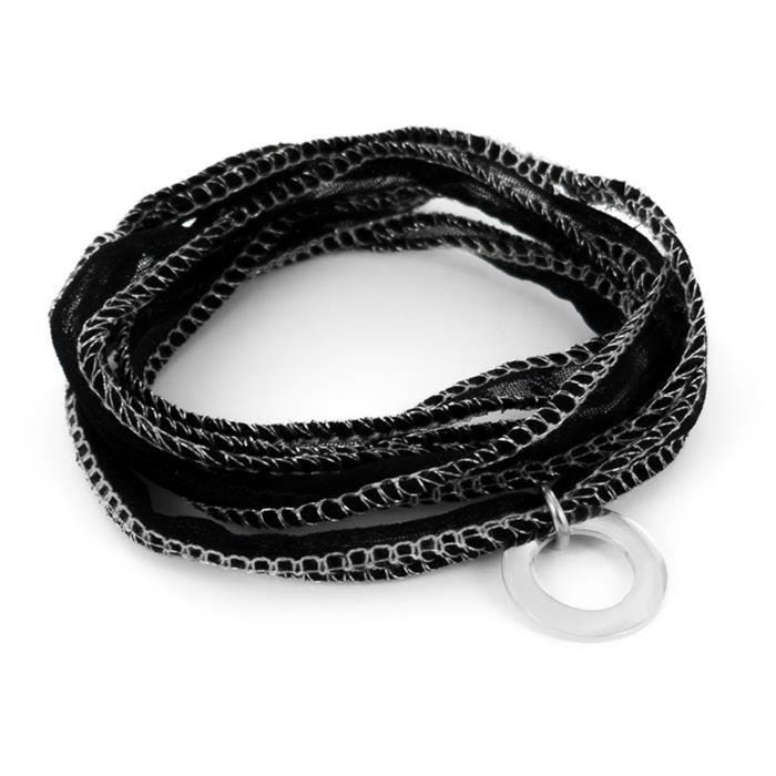 Bracelet - BRILLAXIS - Bracelet Emtional soie noire anneau - Couleur de la matière:Blanc