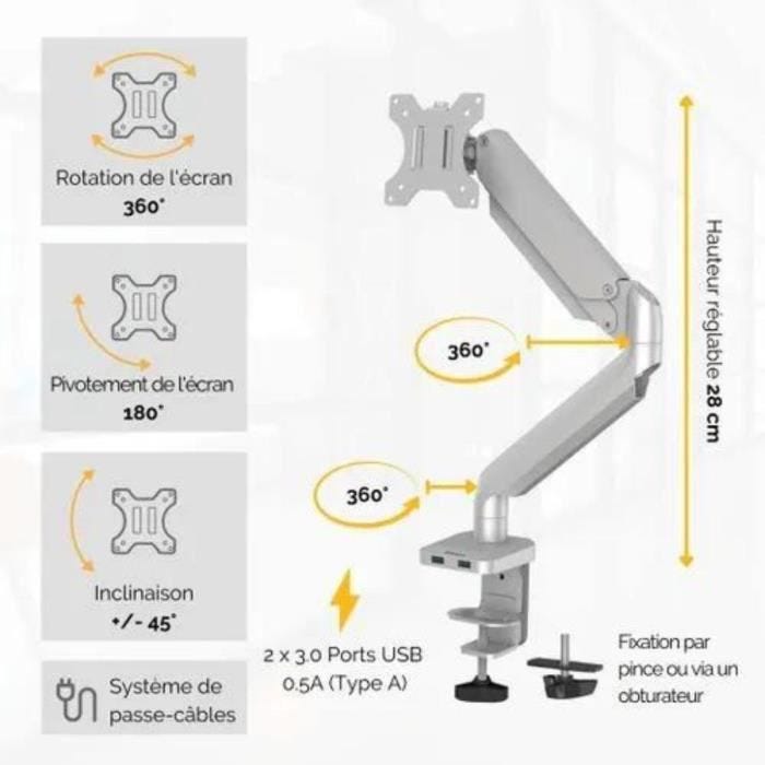 Bras porte-écran - FELLOWES - Platinum Series - Simple - Gris - Ergonomique