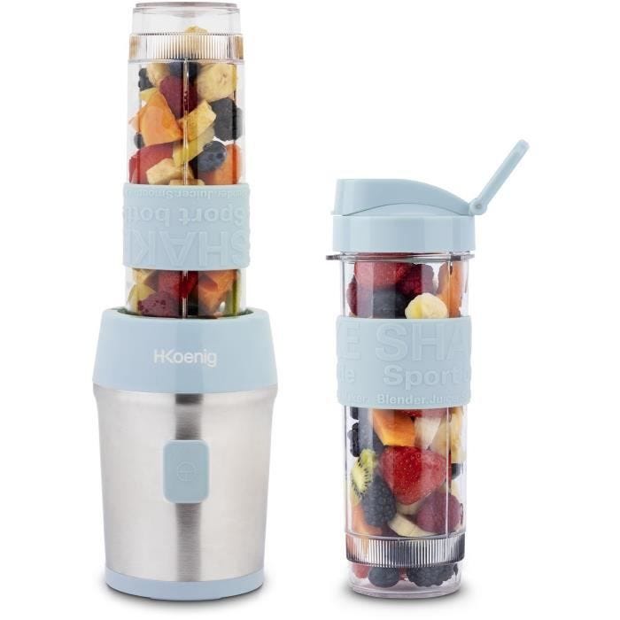 Mini blender - H.KOENIG - SMOO16 - 300 W - 570 mL - Bleu pastel - 2 gourdes incluses - Sans BPA
