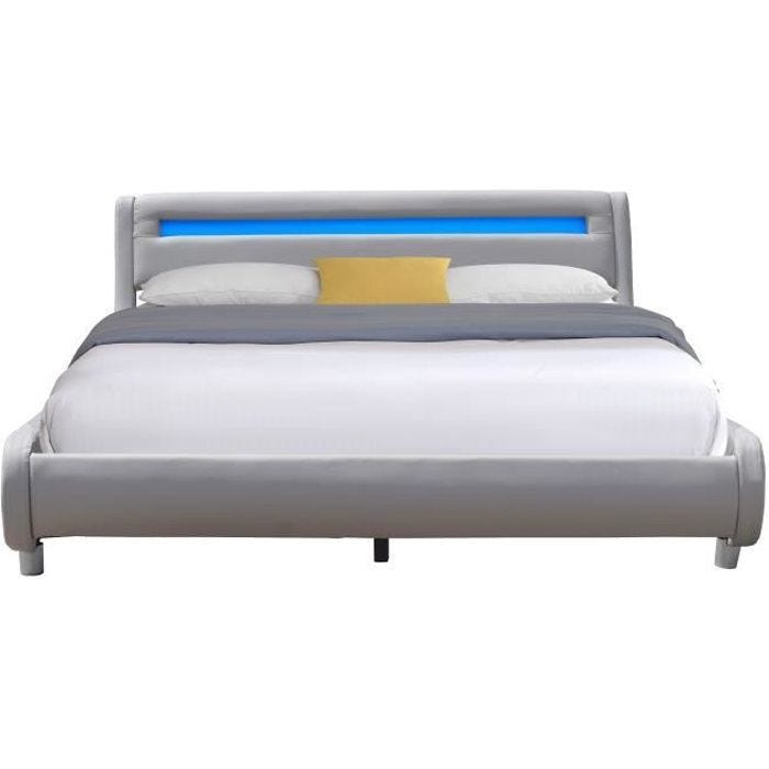 Lit Gina pour matelas 140x190 - Sommier Tte de Lit Incurve - Couleur Gris -