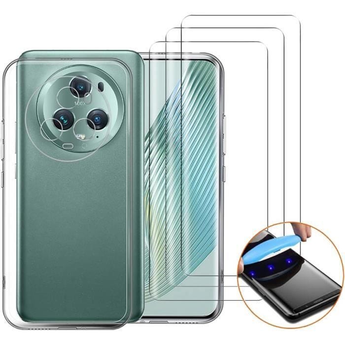 Compatible HONOR Magic5 Pro- Coque Résistante Transparente et 3 Films Protections écran Verre trempé incurvé 3D [Novago]
