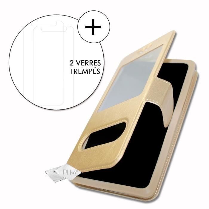 Super Pack Housse pour Blu XI+ Extra Slim 2 Fenêtres éco cuir + 2 Verres de protection Haute Transparence OR GOLD