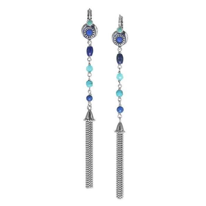 Boucles d'oreilles - FRANCK HERVAL - Izia - Argenté - Longues - Pompons en agate et howlite
