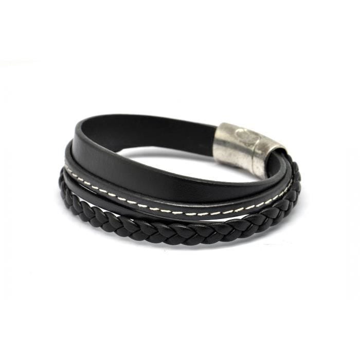 Bracelet - MAGNUM - Elitic MultiFil - Cuir Noir - Taille S - Fermoir Magnétique