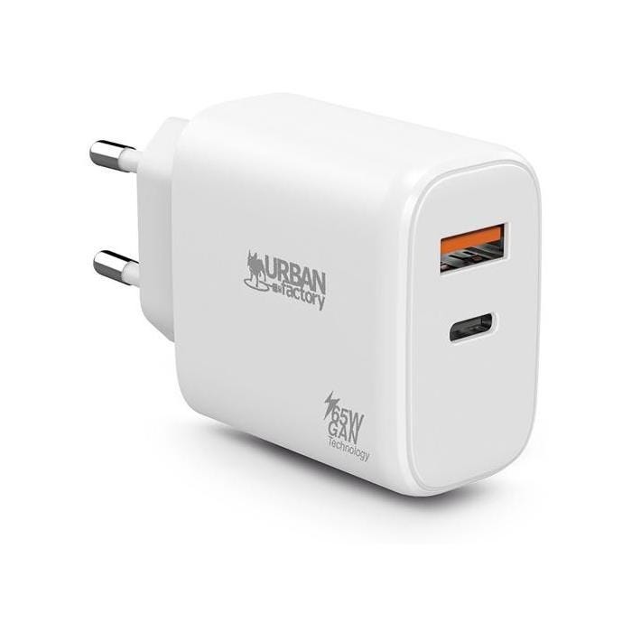 Chargeur secteur - Urban Factory - 1 port USB-C 45W - 1 port USB-A 18W - Charge rapide - Blanc