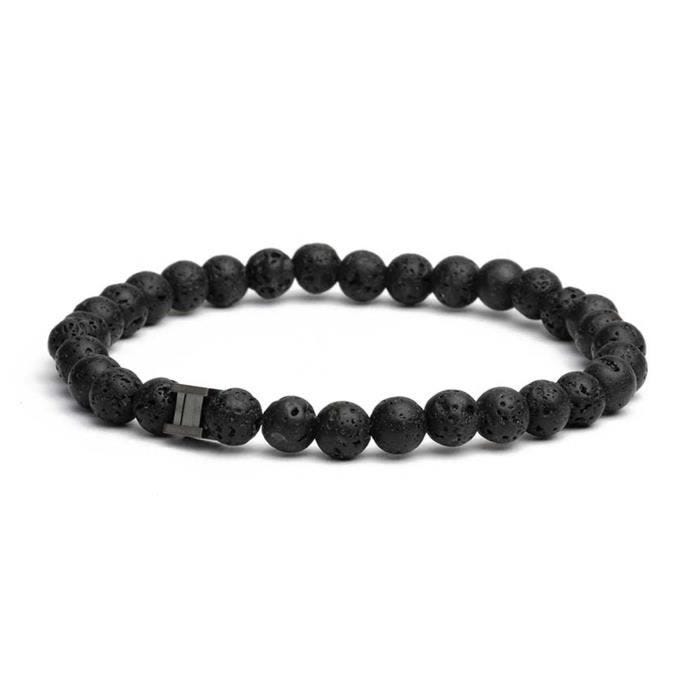 Bracelet - GEMINI - Bracelet Gemini Black Lava 6mm - Couleur: Blanc - Taille: 19 cm - Pierre de lave