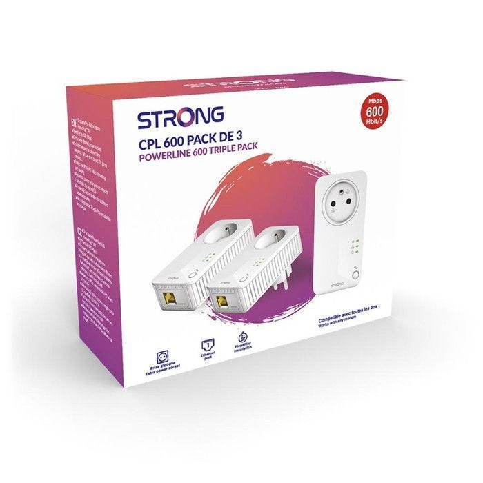Kit CPL - STRONG - CPL 600 Pack de 3 - 600 MB - Prise Filtrée, 3 Adaptateurs, Triple Pack