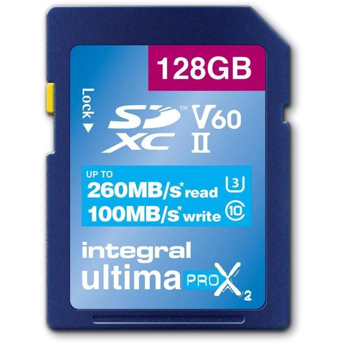 Carte Mémoire - Integral - INSDX 128 Go - 260 MB/s Lecture - 100 MB/s Écriture - SDXC