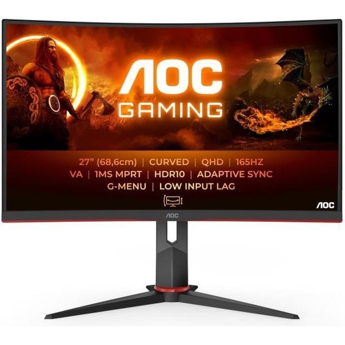 Ecran PC Gamer Incurvé - AOC - CQ27G2S/BK - 27" VA QHD 1ms 144Hz HDMI DisplayPort USB HP Pivot Réglable en hauteur Freesync
