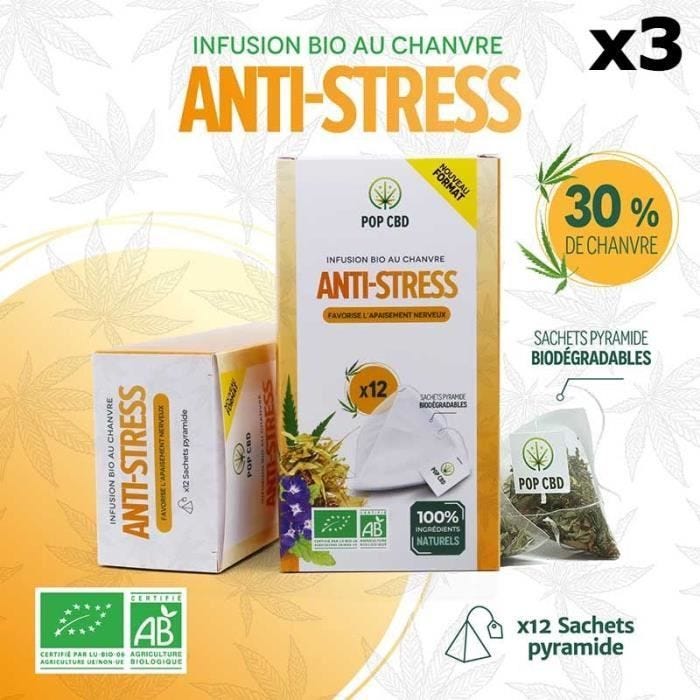 Lot de 3 boîtes d'Infusions Bio "ANTI-STRESS" en Sachets individuels (3x12), au Chanvre CBD (30%)