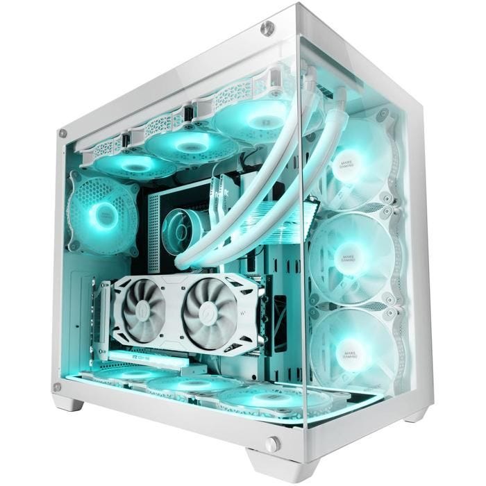 Mars Gaming MCV4 Blanc, Tour Gaming Custom XXL E-ATX, Fenêtre Verre Trempé Avant et Latérale Sans Cadre, Structure Modulaire à
