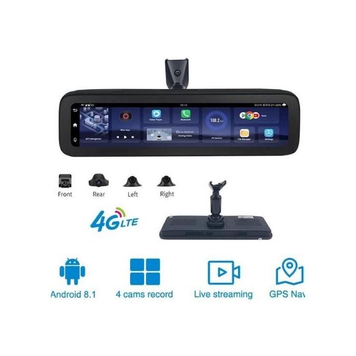 Camera De Voiture 4G Miroir Android 9.0: Enregistrement Panoramique 360° Avec WiFi 12 Pouces, Support Spécial Rétroviseur Recul.
